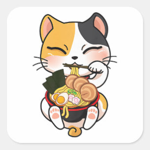 Kawaii Cat Eating Ramen japanische Food Pater Love Quadratischer Aufkleber