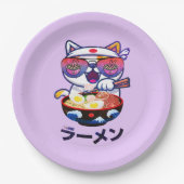 Kawaii Cat Eating Ramen - Niedliche japanische Nud Pappteller (Vorderseite)