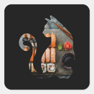 Kawaii Cat Eating Ramen Noodles Japanischer Anim Quadratischer Aufkleber