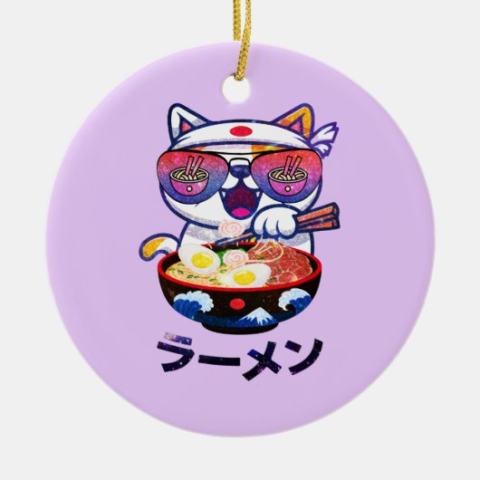 Kawaii Cat Eating Ramen Noodles Keramik Ornament (Vorne)