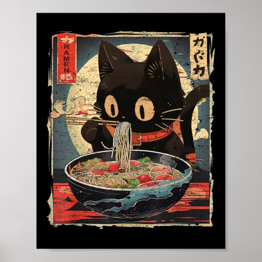Kawaii Cat Eating Ramen Noodles Vintag Japanisch Poster (Vorne)