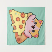 Kawaii Cat Hugging Pepperoni Pizza Cartoon Wandteppich (Vorderseite (Horizontal))