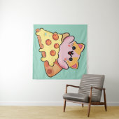 Kawaii Cat Hugging Pepperoni Pizza Cartoon Wandteppich (Beispiel (Horizontal))
