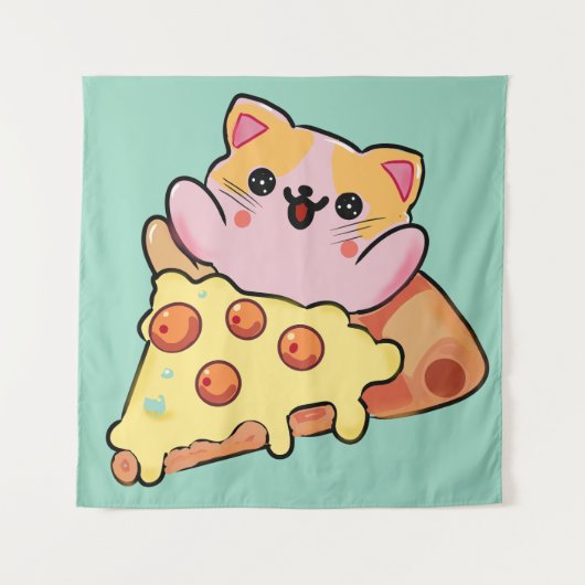 Kawaii Cat Hugging Pepperoni Pizza Cartoon Wandteppich (Vorderseite)