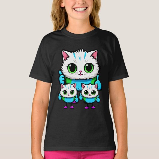 Kawaii Cat Trio Girls Tee Adorable Cartoon Cats  (Vorderseite)