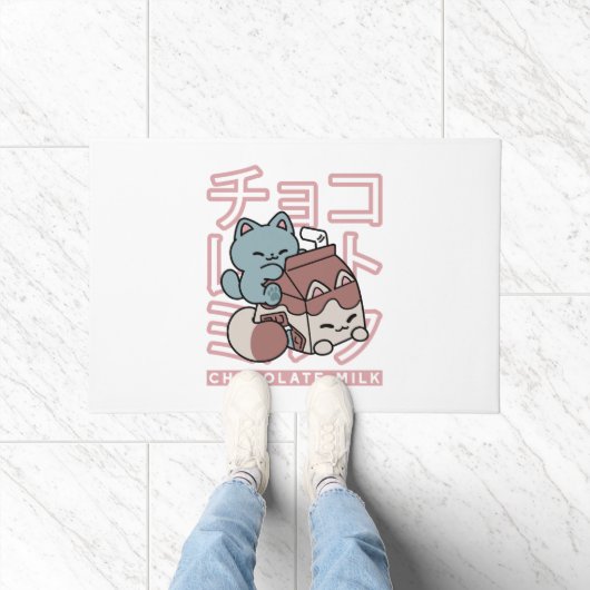 Kawaii Cat with Chocolate Milk – Japanese Pop Art Fußmatte (Indoor)