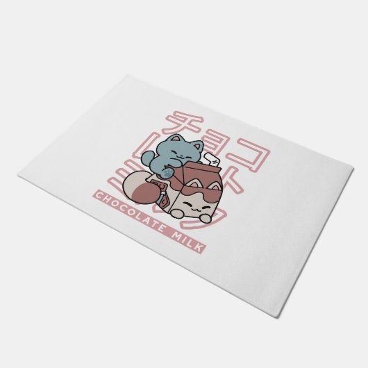 Kawaii Cat with Chocolate Milk – Japanese Pop Art Fußmatte (Schrägansicht)