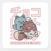 Kawaii Cat with Chocolate Milk – Japanese Pop Art Quadratischer Aufkleber (Vorderseite)