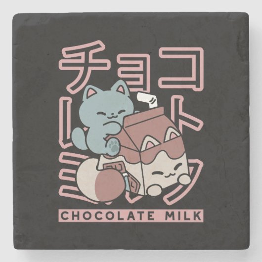 Kawaii Cat with Chocolate Milk – Japanese Pop Art Steinuntersetzer (Vorderseite)