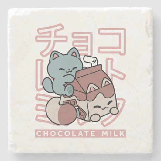 Kawaii Cat with Chocolate Milk – Japanese Pop Art Steinuntersetzer (Vorderseite)