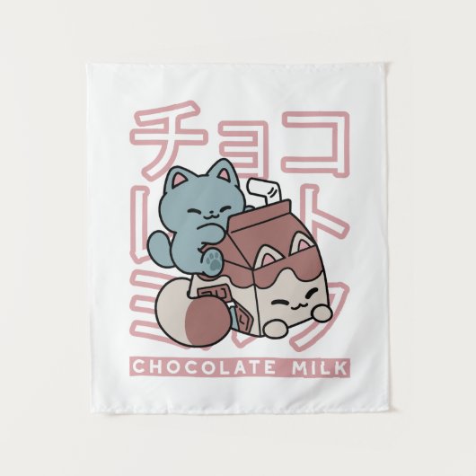 Kawaii Cat with Chocolate Milk – Japanese Pop Art Wandteppich (Vorderseite)