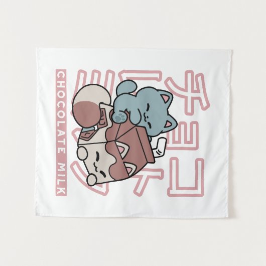 Kawaii Cat with Chocolate Milk – Japanese Pop Art Wandteppich (Vorderseite (Horizontal))