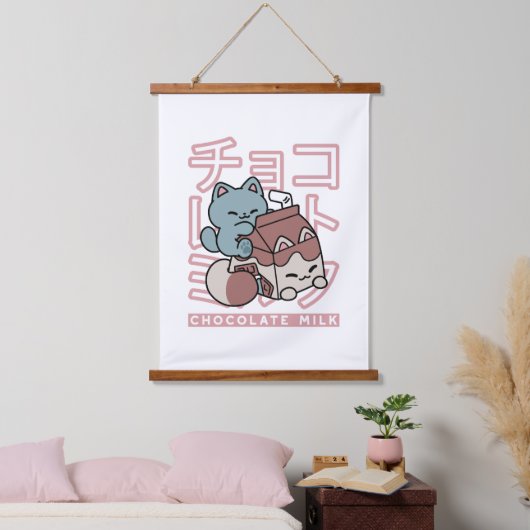 Kawaii Cat with Chocolate Milk – Japanese Pop Art Wandteppich Mit Holzrahmen (Schlafzimmer)