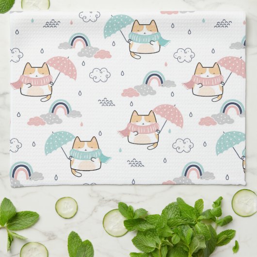 Kawaii Cats Rainy Day Pattern Küchentuch (Gefaltet)