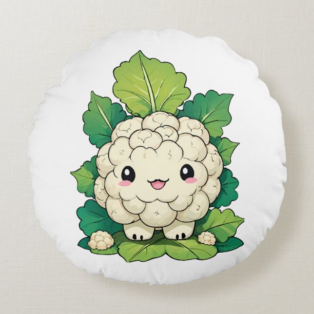 Kawaii Cauliflower Rundes Kissen (Vorderseite)