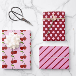 Kawaii Cherries, Polka Dots and Stripes Set von 3 Geschenkpapier Set