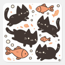 Kawaii Chibi Black Cat Pattern mit Goldfish
