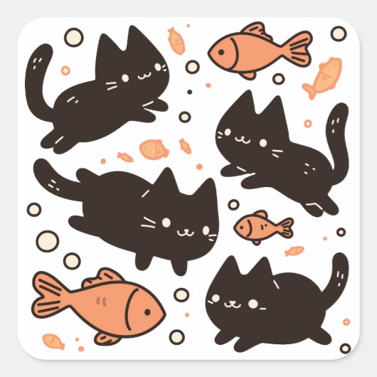 Kawaii Chibi Black Cat Pattern mit Goldfish Quadratischer Aufkleber (Vorderseite)