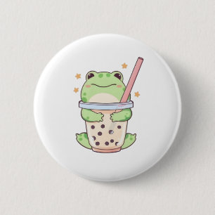 Kawaii Chibi Frosch umarmt Bubble-Tea-Tasse Button