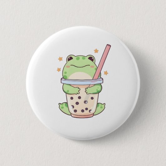 Kawaii Chibi Frosch umarmt Bubble-Tea-Tasse Button (Vorderseite)