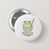 Kawaii Chibi Frosch umarmt Bubble-Tea-Tasse Button (Vorne & Hinten)