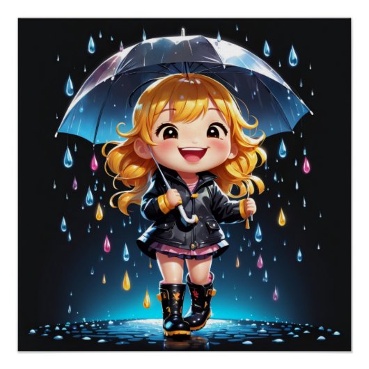 Kawaii Chibi Girl an einem fröhlichen Regentag Poster (Vorderseite)