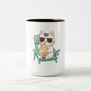 Kawaii Chibi Katze in Sonnenbrille trinkt Frappè Zweifarbige Tasse