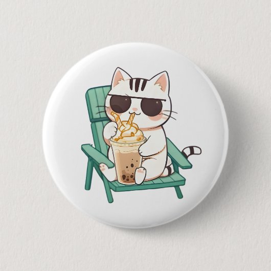 Kawaii Chibi Katze mit Sonnenbrille beim Frappè-Tr Button (Vorderseite)