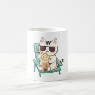 Kawaii Chibi Katze mit Sonnenbrille beim Trinken e Kaffeetasse