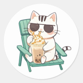 Kawaii Chibi Katze mit Sonnenbrille beim Trinken e Runder Aufkleber