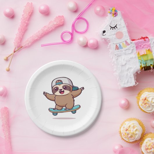 Kawaii Chibi Sloth Skater � Niedlich Funny Skatebo Pappteller (Party)