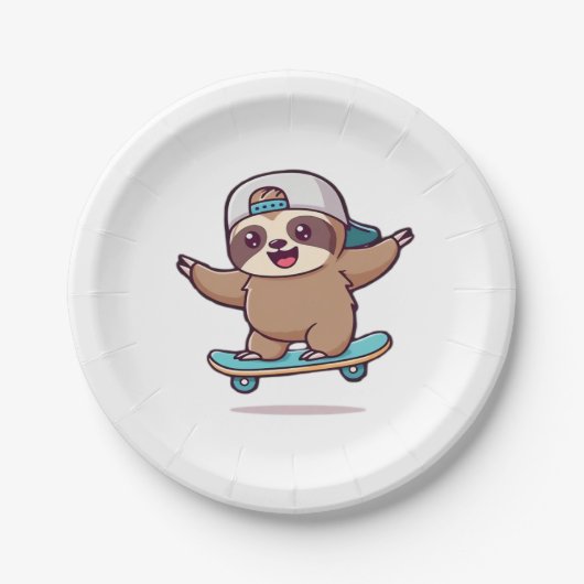 Kawaii Chibi Sloth Skater � Niedlich Funny Skatebo Pappteller (Vorderseite)