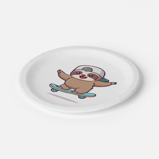Kawaii Chibi Sloth Skater � Niedlich Funny Skatebo Pappteller (Schrägansicht)