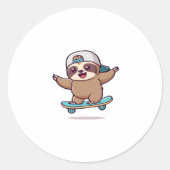 Kawaii Chibi Sloth Skater � Niedlich Funny Skatebo Runder Aufkleber (Vorderseite)