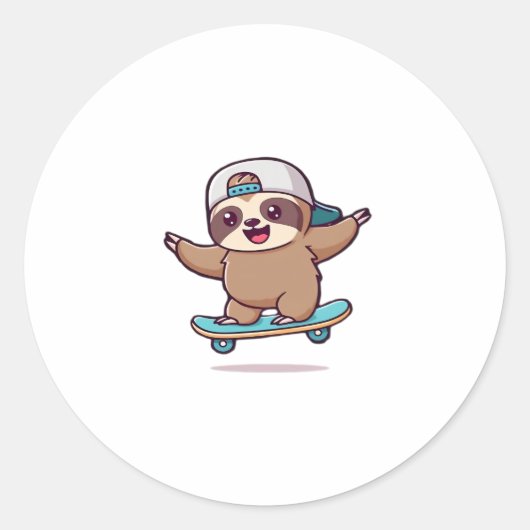 Kawaii Chibi Sloth Skater � Niedlich Funny Skatebo Runder Aufkleber (Vorderseite)