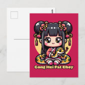 Kawaii Chinesische Neujahrsnacht und Mädchen Postkarte (Vorne/Hinten)