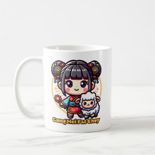 Kawaii chinesisches Neujahr Schaf und Mädchen Kaffeetasse