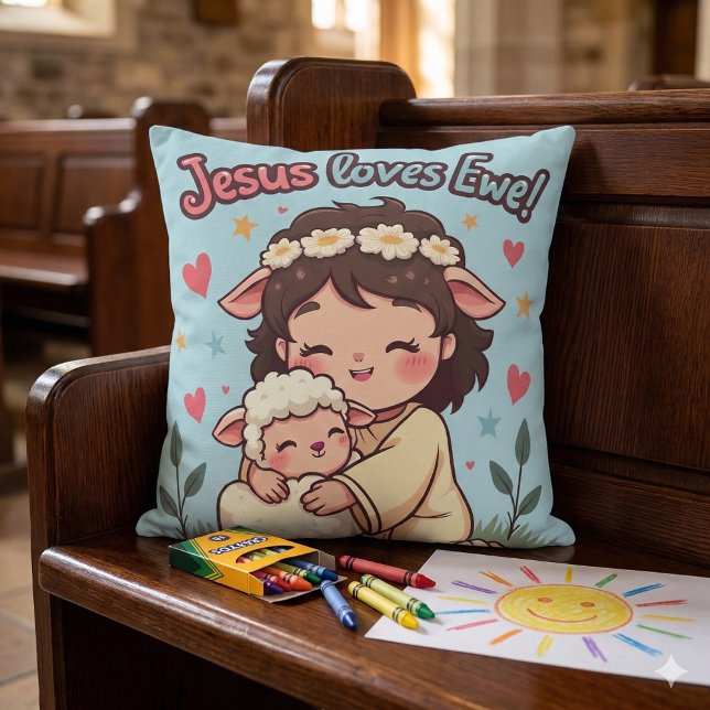 Kawaii Christlich "Jesus Lieben Ewe" Pasteldesign Kissen (Kawaii Christian Jesus Loves Ewe Pastel Design Throw Pillow Mockup A)