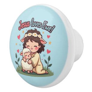 Kawaii Christliches "Jesus liebt dich" Pastell-Des Keramikknauf