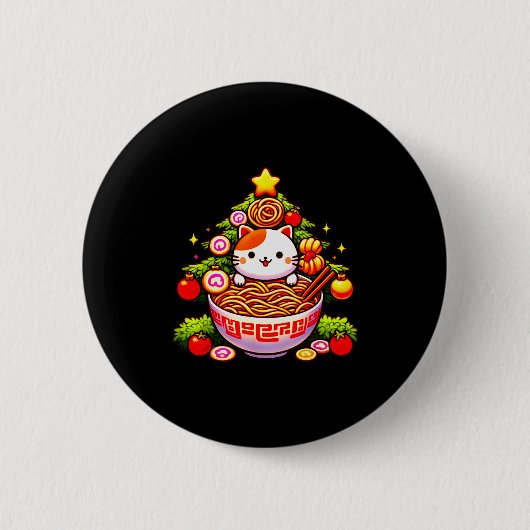 Kawaii Christmas Cat Ramen Christmas Tree Holiday Button (Vorderseite)
