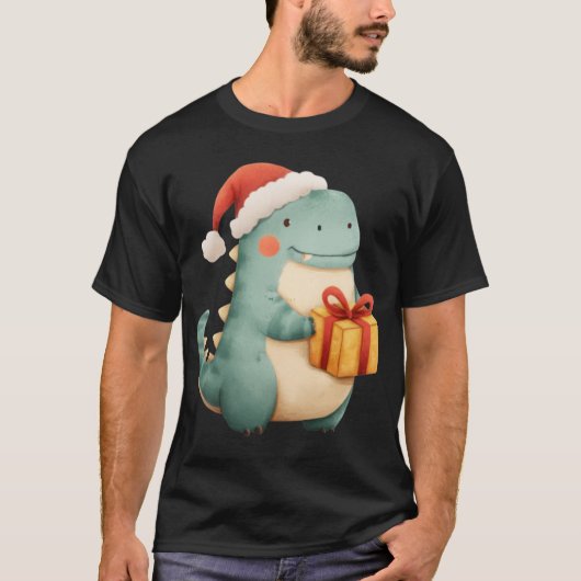 Kawaii Christmas Dinosaur with Gift Cute Santa Din T-Shirt (Vorderseite)