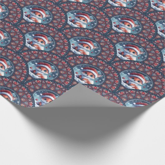 Kawaii Christmas Fox Art Deco Dot Mandala Scallops Geschenkpapier (Ecke)