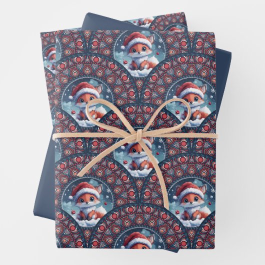 Kawaii Christmas Fox Art Deco Dot Mandala Scallops Geschenkpapier Set (Beispiel)
