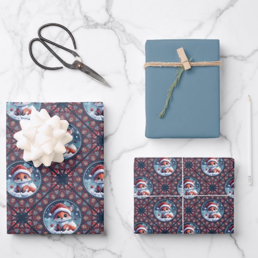 Kawaii Christmas Fox Dot Mandala Diamond Tile Geschenkpapier Set (Vorderseite)