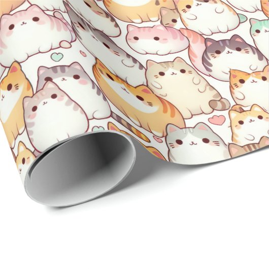 Kawaii Chubby Cartoon Katzen mit Herz Geschenkpapier (Rolleneckpunkt)