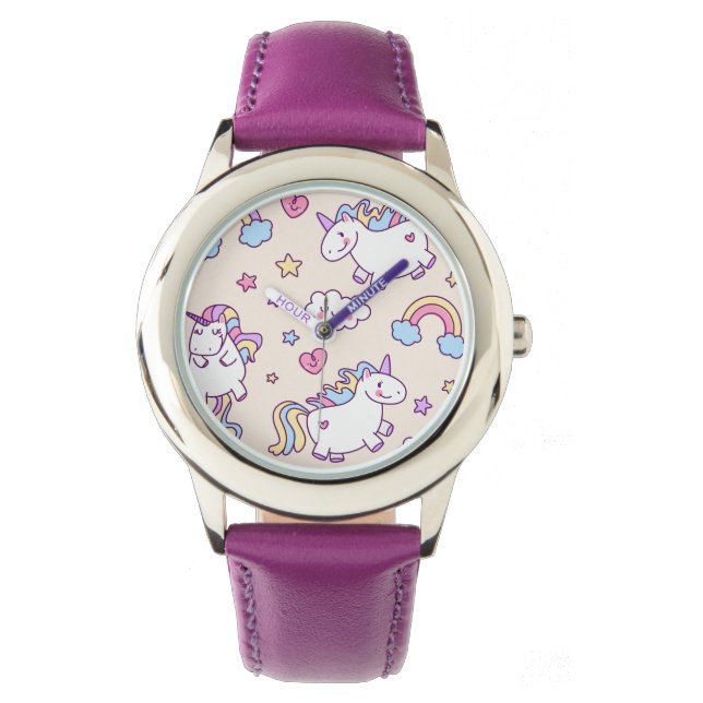 Kawaii chubby fliegend unicorn Regenbogenmuster Armbanduhr (Vorderseite)