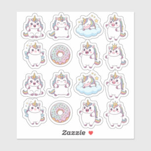 Kawaii Chubby Unicorn & Donut Sticker Sheet - Nied