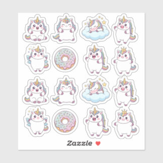 Kawaii Chubby Unicorn & Donut Sticker Sheet - Nied