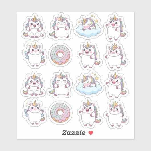 Kawaii Chubby Unicorn & Donut Sticker Sheet - Nied (Blatt)
