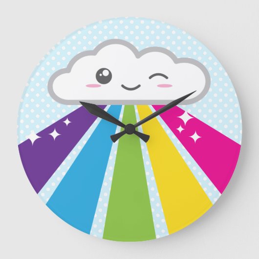 Kawaii Cloud and Rainbow Wall Clock Große Wanduhr (Vorderseite)
